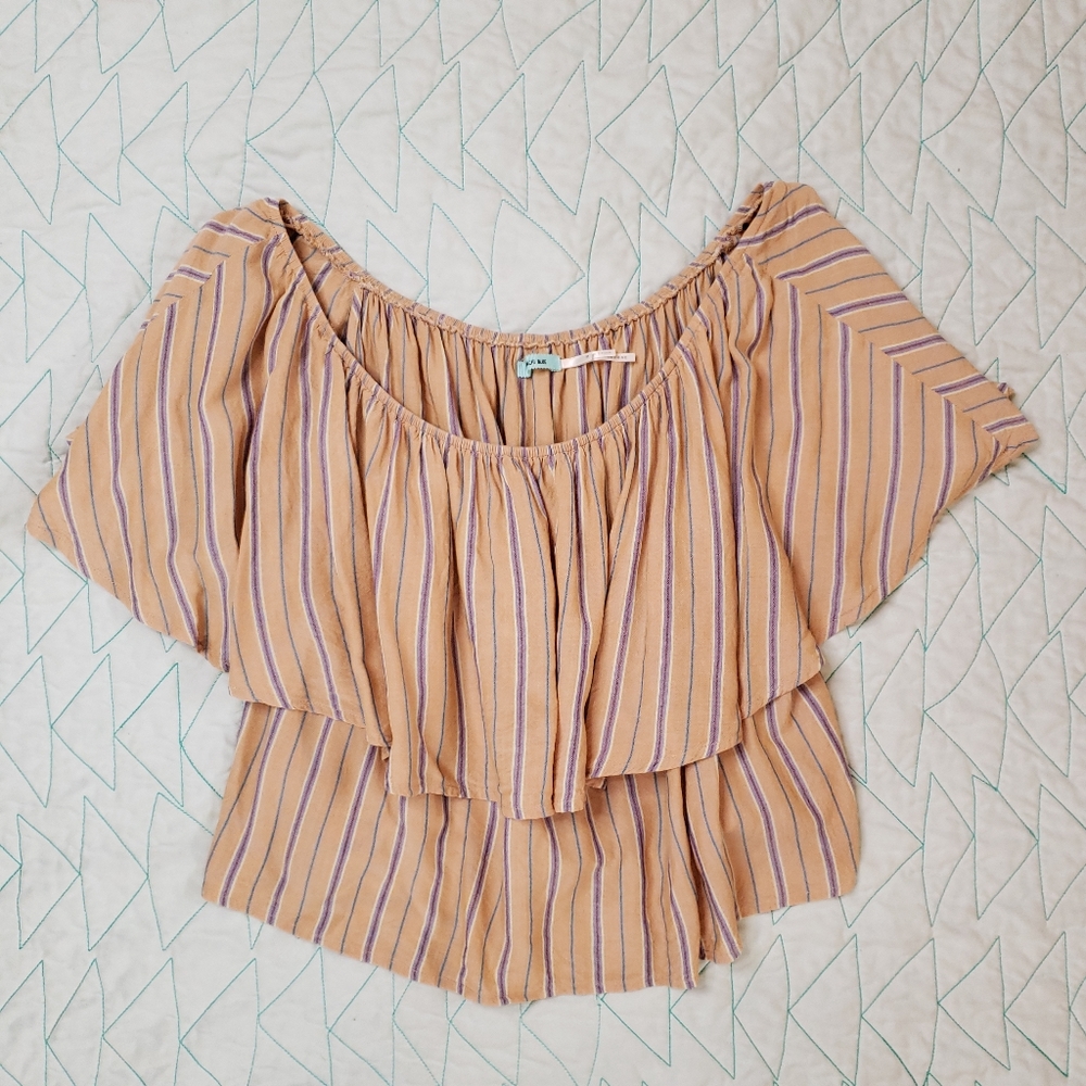 Kimchi Blue Urban Outfitters Orange Striped Ruffle Off the Shoulder Crop…